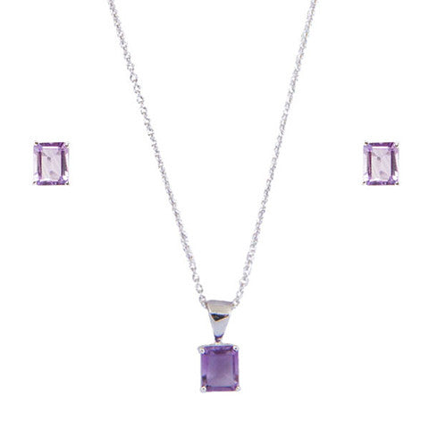 Rectangle Shaped Purple Genuine Amethyst  Necklace & Earrings Set