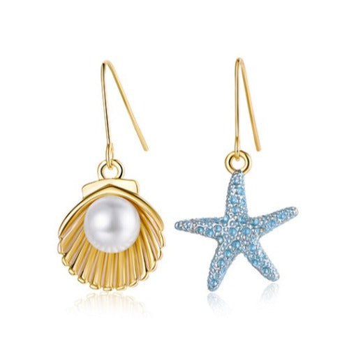 Classy 925 Sterling Silver Earrings features starfish and shell