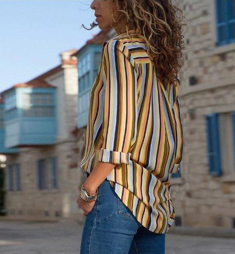Narrow Fashionable Stripes Ladies Long Sleeve Blouses